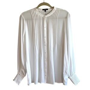 NYDJ Womens White Pleated Peasant Blouse Button Down Long Sleeve‎ Size Medium